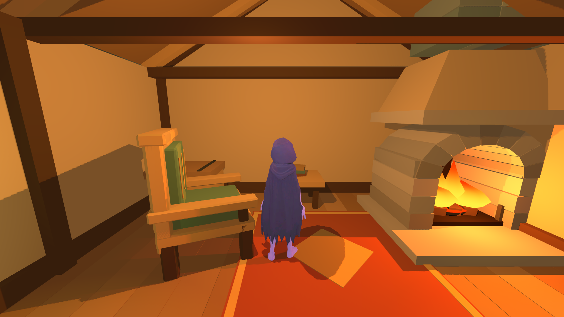 Intérieur du chalet de Maelor avec feu de cheminée