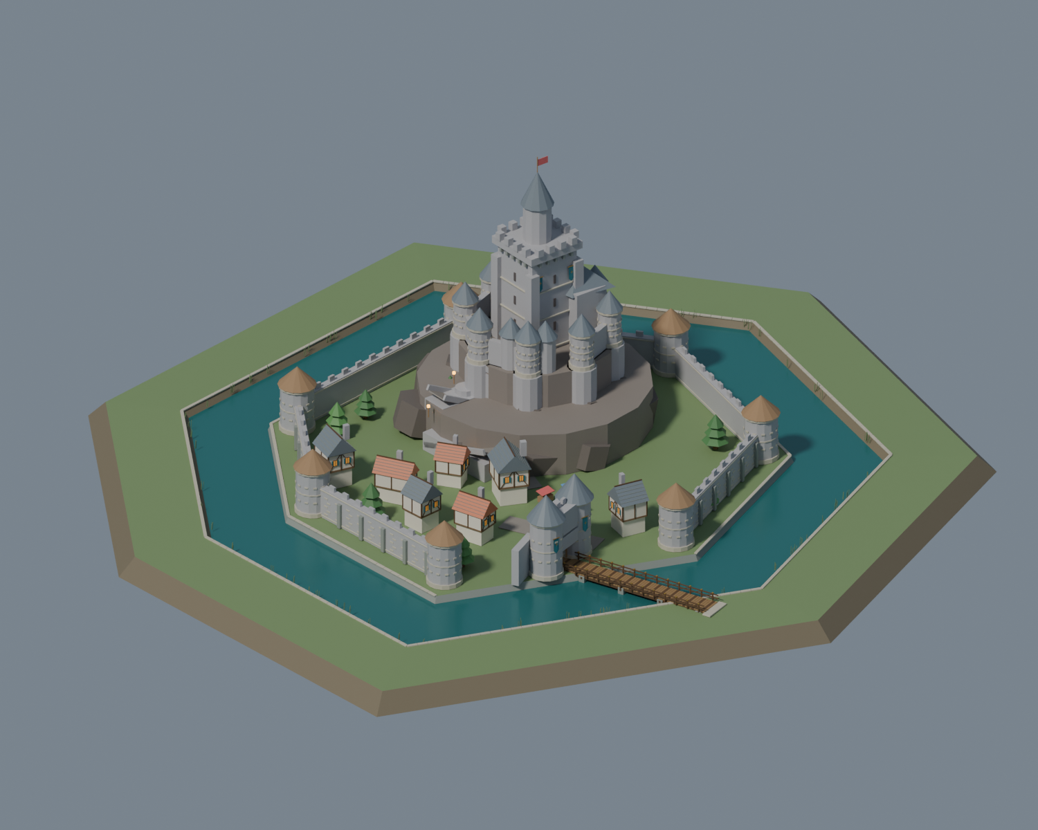 Modélisation 3D du château fortifié avec douves